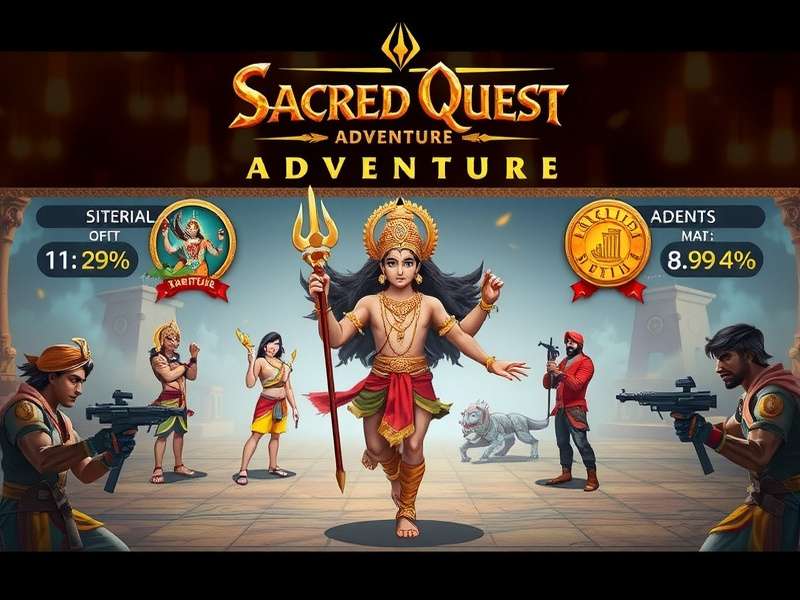 Sacred Quest Adventure game banner featuring Hindu deities and mythical creatures